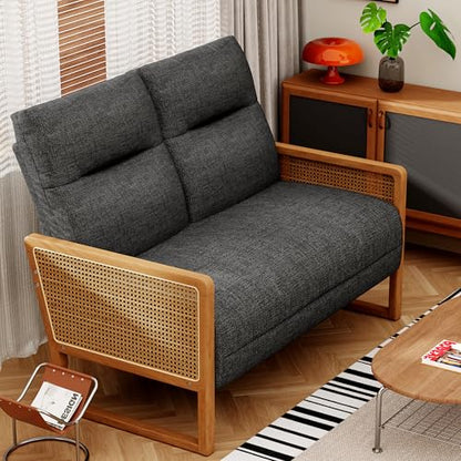 Alunaune Modern Loveseat Bench Couch with Natural Rattan Arm, Upholstered Linen Small Love Seat Sofa 2-Seats Living Room Couch Settee, Comfy Lounge Recliner Chair-Grey - color: Grey