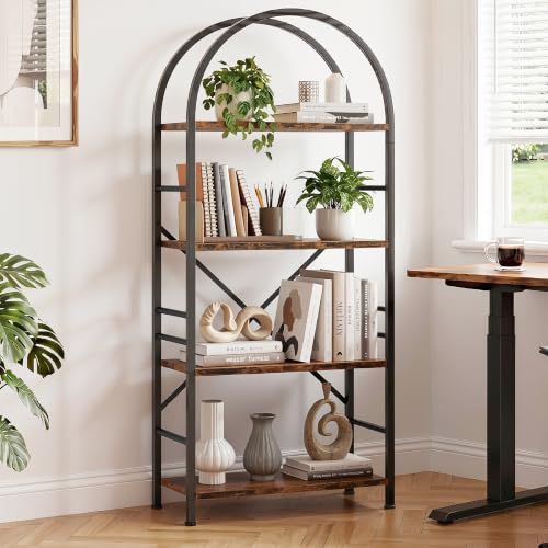 Vongrasig Industrial Arched Bookshelf, 4 Tier Open Bookcase | Sturdy Wood and Metal Display Standing Shelf for Home Office, Living Room, Bedroom, Rustic Brown - color: Rustic Brown