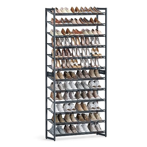 SONGMICS Metal Shoe Rack, 12-Tier Shoe Orgainzer, Holds 48-60 Pairs | Set of 2, Stackable Shoe Shelf for Garage, Adjustable Flat or Angled Shelves, Charcoal Gray, DARREN Collection ULMR012G01 - color: Charcoal Gray, size: 12 Tiers (36.4"W)