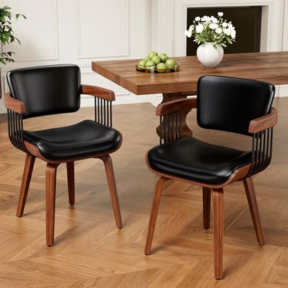 Dining Chairs with Armrest, Set of 2, Mid-Century Modern Kitchen Chair | with Wood Legs, Upholstered PU Leather for Dining Room, Kitchen, Restaurant, Cafe, Black - color: Black