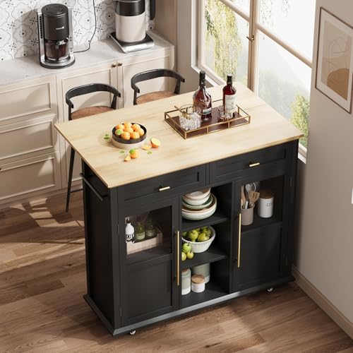 GAOMON 41" Rolling Kitchen Island Cart with Drop Leaf - Mobile Storage Cart 41" W x 16" D, Expandable Kitchen Island for Small Spaces, Farmhouse Style for Dining Room & Kitchen (Black and Natural)