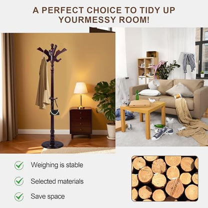 Wooden Coat Rack Freestanding with 11 Hooks, Adjustable Height Coat Tree Free Standing Heavy Duty for Entryway, Easy Assembly Solid Wood Sturdy Coat Hats Hanger Stand for Office Hallway Bedroom - color: Redwood-Solid Wood Hook A