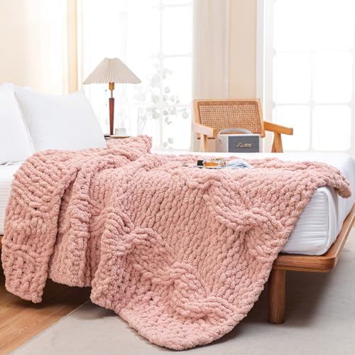 WESHIONGOO Chunky Knit Blanket Throw for Couch Bed 50"×60" Pink | 100% Handmade Knitted Throw blanket Fluffy Soft Blanket With Jumbo Chenille Yarn Thick - color: Pink, size: 50"x60"