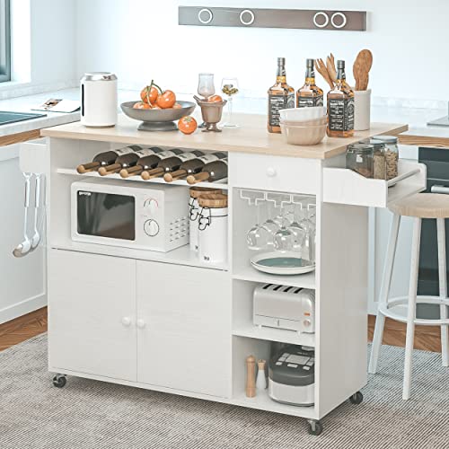 IRONCK Rolling Kitchen Island Cart with Drop-Leaf and Wine Rack, White | Wheels, Drawers, Open Shelves, Adjustable Shelves, and Spacious Drawer Storage - color: White