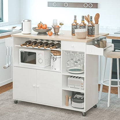 IRONCK Rolling Kitchen Island Cart with Drop-Leaf and Wine Rack, White | Wheels, Drawers, Open Shelves, Adjustable Shelves, and Spacious Drawer Storage - color: White
