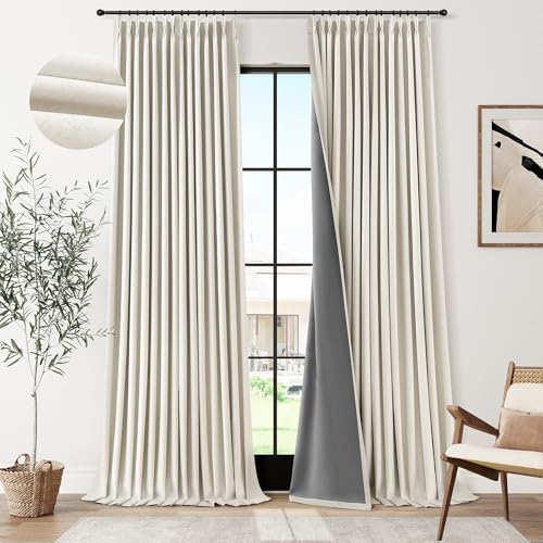Joywell Extra Long 100% Blackout Linen Pinch Pleated Curtains 105 in Cream | Natural Beige Ivory, Black Out Thermal Insulated Room Darkening, Pleat Drapes for Bedroom Living Room, 2 Panels Set, 40x105 - color: Natural Cream, size: 40"W x 105"L (Pack of 2)