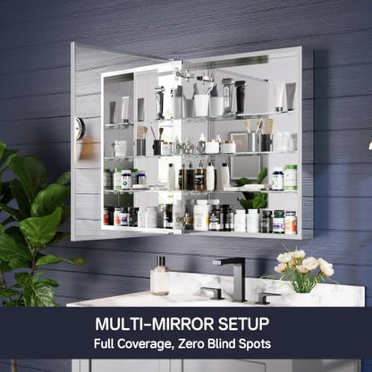 Medicine Cabinet Mirror 24"W x 30"H, Bathroom Beveled Edge Mirror Cabinet | Medicine Cabinets with Adjustable Glass Shelves, Soft-Closed Hinge, Chrome Aluminum Frame, Reverse Installation - size: 24" x 30"(Beveled)