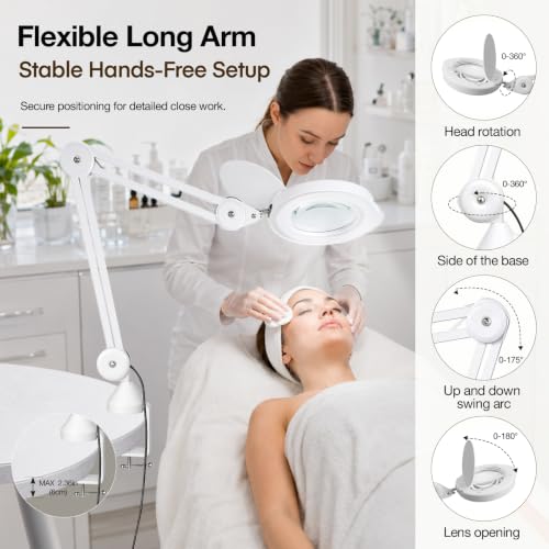 knitly Magnifying Glass with Light, 15X Optical Glass Lamp for Close Work, 5 Color Modes, 9 Brightness Levels, Hands-Free Desk Clamp for Jewelry, Crafts, Soldering, Reading, Nail Detail, Snow White