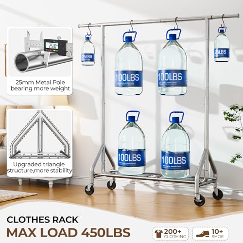 HYSEYY Heavy Duty Clothes Rack Load 450 LBS, Metal Garment Rack, Standing Rolling Clothing Rack for Hanging Clothes with Sturdy Wheels & Shelves, Portable Closet Wardrobe Rack,Sliver - color: Sliver