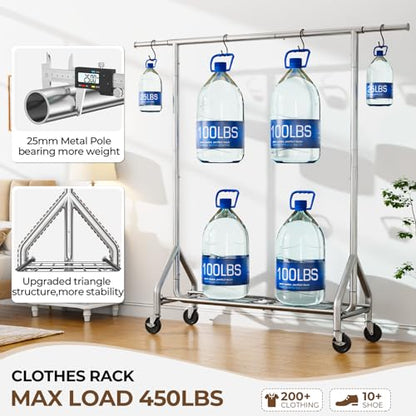 HYSEYY Heavy Duty Clothes Rack Load 450 LBS, Metal Garment Rack, Standing Rolling Clothing Rack for Hanging Clothes with Sturdy Wheels & Shelves, Portable Closet Wardrobe Rack,Sliver - color: Sliver