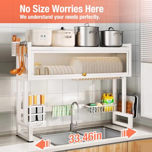 Hdrriozu Over the Sink 3 Tier Dish Drying Rack with Cover, Milkshake White | Rust resistant built last. Easy install simple tools. Holds dishes glasses bowls. Space saving over sink tidy kitchen. - color: Milkshake White
