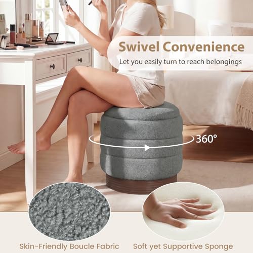 Giantex Round Ottoman with Storage, 360° Swivel Boucle Vanity Stool with Removable Lid, No Assembly Ottoman Foot Rest for Living Room, Bedroom, Makeup Room (Gray & Brown)
