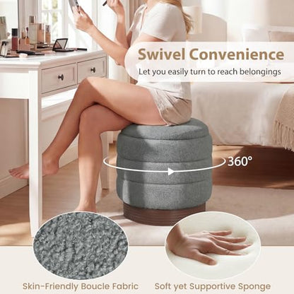Giantex Round Ottoman with Storage, 360° Swivel Boucle Vanity Stool with Removable Lid, No Assembly Ottoman Foot Rest for Living Room, Bedroom, Makeup Room (Gray & Brown)