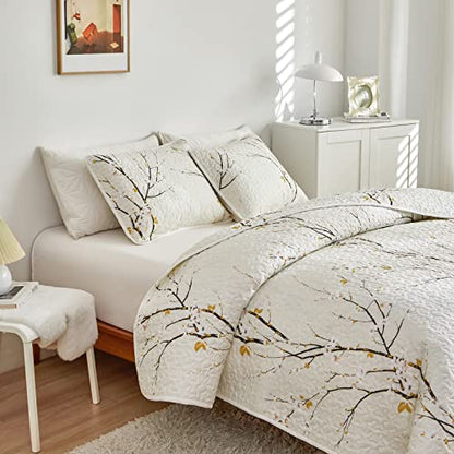 Quilt Set King Size Cream White with Black Branch Bedding Set 88x88 Soft Microfiber Lightweight Coverlet Bedspread Summer 3 Pc Bed Cover for (1 Quilt+ 2 Shams) - color: Cream, size: King(102x88)