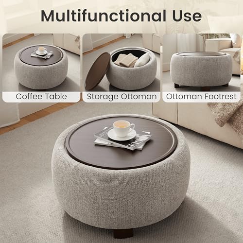 VKNOW 30" Round Storage Ottoman, Ottoman Coffee Table with Removable Wood Top and Solid Wood Legs for Living Room, Bedroom, Apartments(Brown) - color: Brown
