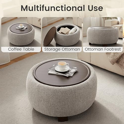 VKNOW 30" Round Storage Ottoman, Ottoman Coffee Table with Removable Wood Top and Solid Wood Legs for Living Room, Bedroom, Apartments(Brown) - color: Brown