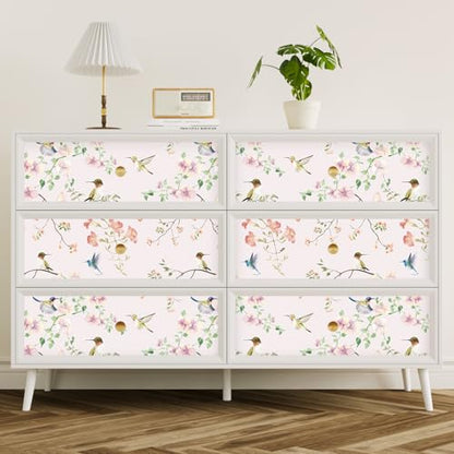 17.7"x78.7" Rustic Hummingbird Floral Wallpaper Peel and Stick Decorative Purple/Pink Floral Contact Paper for Cabinets Drawers Removable Self Adhesive Mural Wallpaper for Bedroom Nursery