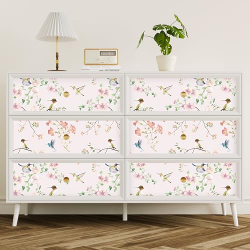 17.7"x78.7" Rustic Hummingbird Floral Wallpaper Peel and Stick Decorative Purple/Pink Floral Contact Paper for Cabinets Drawers Removable Self Adhesive Mural Wallpaper for Bedroom Nursery