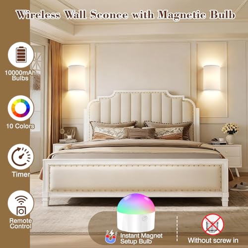 Battery Operated Wall Sconce Set of Two: 10000mAh Wireless Wall Light with Rechargeable Magnetic Bulb - Dimmable Wall Lamp with 7 RGB Colors - Linen Shade Sconces with Remote for Bedroom Living Room | Wireless Wall Light with Magnetic Bulb - Dimmable 7 RG