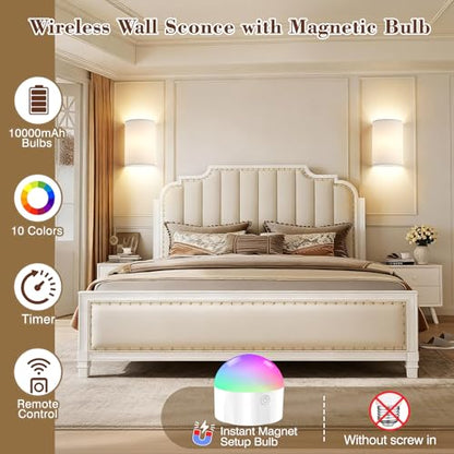 Battery Operated Wall Sconce Set of Two: 10000mAh Wireless Wall Light with Rechargeable Magnetic Bulb - Dimmable Wall Lamp with 7 RGB Colors - Linen Shade Sconces with Remote for Bedroom Living Room | Wireless Wall Light with Magnetic Bulb - Dimmable 7 RG