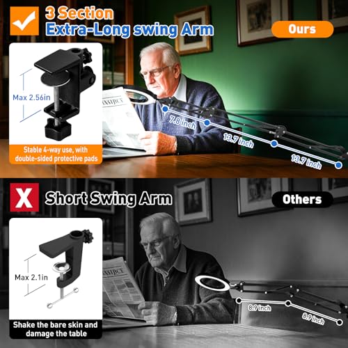 Ultra Long 3-Section Swing Arm 12X 30X Magnifying Glass with Light | 4-Way Large Metal Clamp, 5 Color Modes LEDs, 35.2Inch Lighted Magnifier Lamp for Workbench Crafting Hobby Soldering Reading