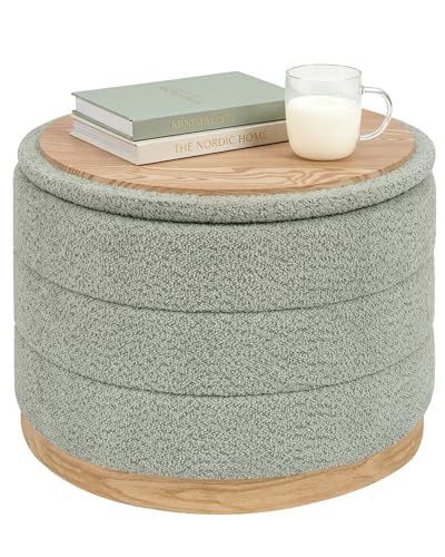 PINPLUS Chenille Folding Ottoman Footstool, Round Storage Ottoman, Soft Fabric, 330 lbs Load Capacity, Large Ottoman for Living Room, Bedroom, Dorm, Green Colors - color: Sage Green, size: 22.8"D x 22.8"W x 17.3"H