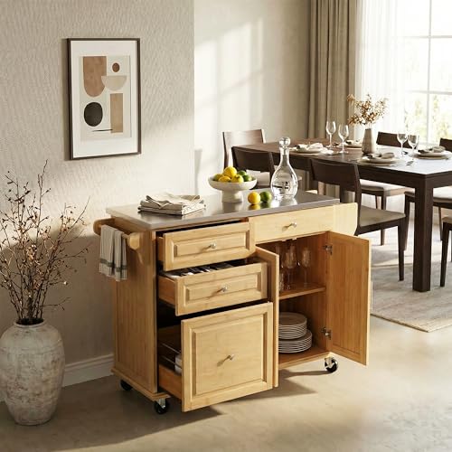 Christopher Knight Home Tredy Bamboo Rolling Cart with Drawers, Kitchen Bar Cart on Wheels with Stainless Steel Top, Rolling Kitchen Cart Storage Cabinet, Serving Cart, 50.8'' x 18.5'', Natural - size: Medium