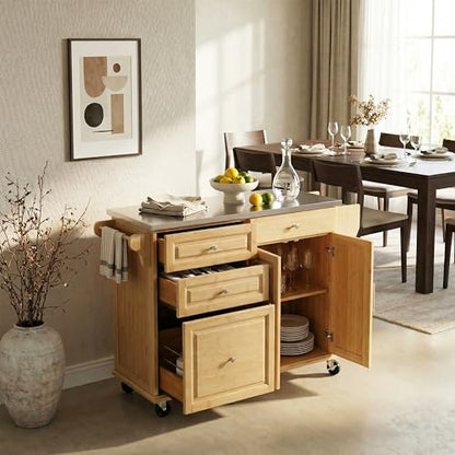 Christopher Knight Home Tredy Bamboo Rolling Cart with Drawers, Kitchen Bar Cart on Wheels with Stainless Steel Top, Rolling Kitchen Cart Storage Cabinet, Serving Cart, 50.8'' x 18.5'', Natural - size: Medium