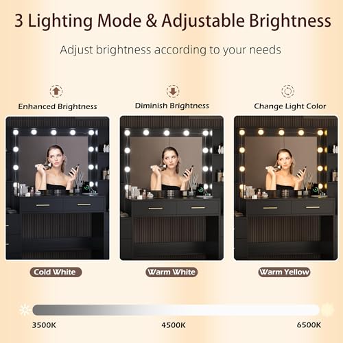 TOKSOM Black Vanity Desk with Mirror, Lights & Charging Station, 58.3" 3 Lighting Modes Makeup Desk with 8 Drawers, 2 Cabinets and Lots Storage, Dressing Table Vanity Set with Lighted Mirror - size: 58.3 inch, style: Modern Black