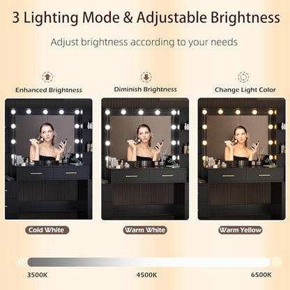 TOKSOM Black Vanity Desk with Mirror, Lights & Charging Station, 58.3" 3 Lighting Modes Makeup Desk with 8 Drawers, 2 Cabinets and Lots Storage, Dressing Table Vanity Set with Lighted Mirror - size: 58.3 inch, style: Modern Black