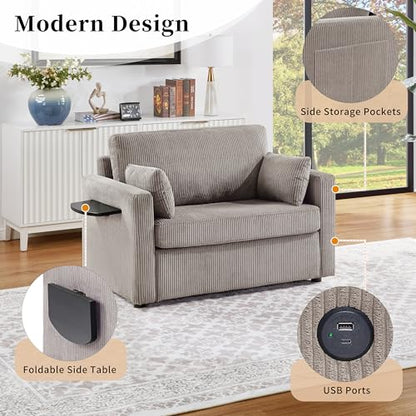 Twin Sofa Bed Sleeper Loveseat with Foldable Mattress USB, Grey+Brown | Space-saving bed for guest room or apartment, compact footprint, easy pull-out design, convenient device charging - color: Grey+brown