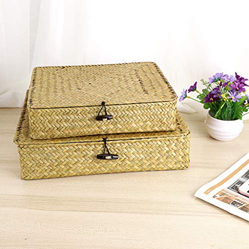 Hipiwe 2 Packs Flat Wicker Basket Box with Lid Woven Seagrass Storage Bins | Handwoven Basket Boxes for Shelf Organizing, Home Decorative Bins Box for Home Decor, Natural Color - color: Natural Color