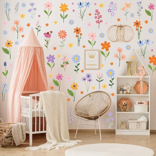 Wild Flower Wall Decals - Peel and Stick Removable Floral Wall Stickers for Nursery, Bedroom, Living Room Decor (8 Sheets 102 Pcs Wildflower Mural Art, Garden Theme) - color: Wild Flower