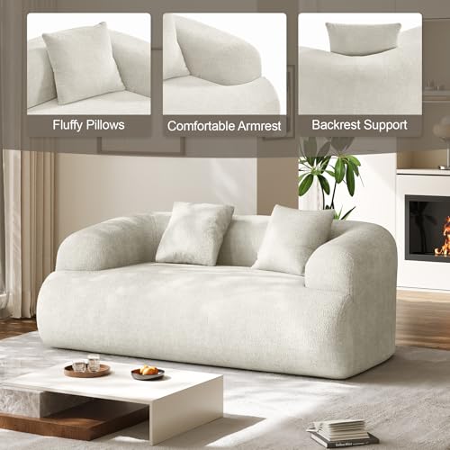 75" Boneless Cloud Loveseat, Modern Cute Curved Chenille Sofa, 2 Seater Compression Couch with 2 Pillows, No Assembly Required for Apartment Living Room, Beige White - color: Beige, size: 75''