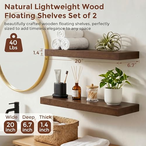 fuqing 20 Inch Floating Shelves 6.7'' Deep Dark Wood Wall Shelves Set of 2 | 20'' x 6.7'' x 1.4'' Rustic Wood Shelves for Bathroom, Living Room, 35LBS, Lightweight, Hardware Included, Waterproof Finish - color: Walnut, size: 20 Inch