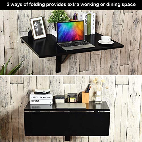 Wall Mounted Folding Table, 31.5’’ x 23.5’’ Wood Floating Desk for Laptop, Study & Dining in Balcony, Bedroom, Bathroom, Kitchen, Drop-Leaf Wall Desk Fold Down for Small Spaces (Black)