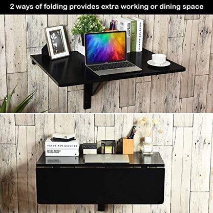 Wall Mounted Folding Table, 31.5’’ x 23.5’’ Wood Floating Desk for Laptop, Study & Dining in Balcony, Bedroom, Bathroom, Kitchen, Drop-Leaf Wall Desk Fold Down for Small Spaces (Black)