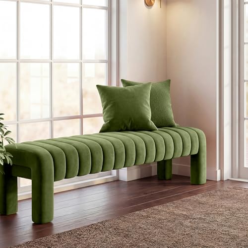 63” Dining Room Bench, Olive Green Tufted Upholstered End of Bed Bench, Modern Entryway Ottoman Window Seat with Solid Wood Legs and Padded Seat for Bedroom, Hallway and Living Room (Velvet) - color: Olive Green Velvet, size: 63"