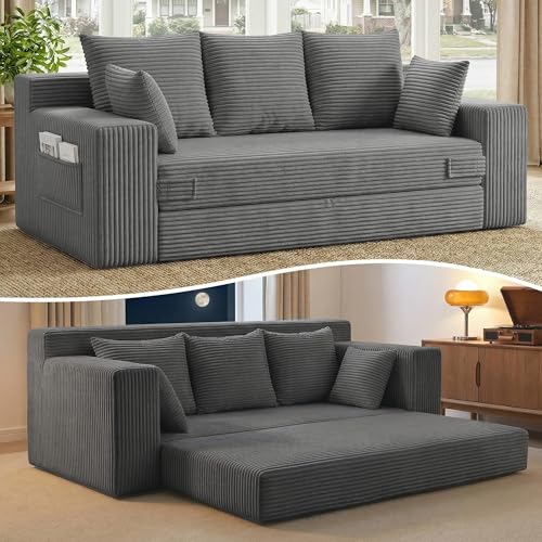 Boneless Couch 70 inch: 3-in-1 Convertible Sofa Bed Futon Couch Bed, Oversized Loveseat Sleeper Sofa with 5 Pillows, Gray Couch for Living Room, Bedroom & Small Space - color: Grey, size: 70 Inch