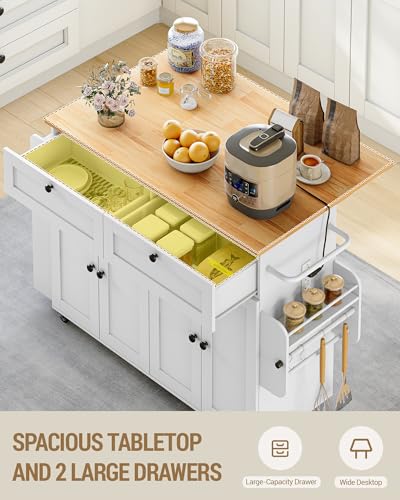 Hzuaneri Kitchen Island with Power Outlet & Drop Leaf, 53.1" Rolling | Kitchen Island Cart on Wheels, Portable Mobile Island Table with Spice Rack Towel Rack, Knife Holder Drawers, White KT00103W