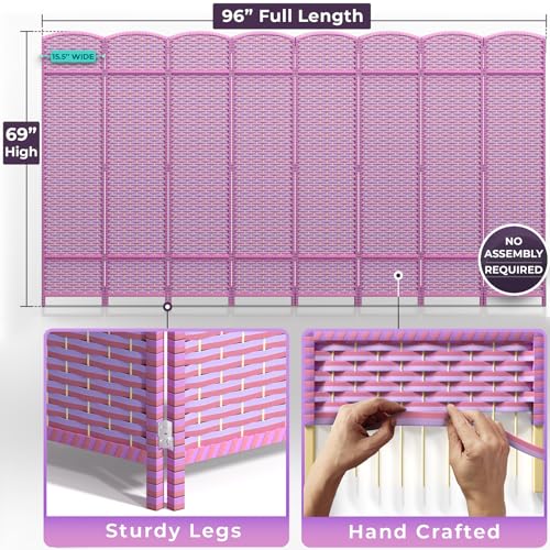 Sorbus 8 Panel Room Divider 6 ft. Tall - Privacy Screen, Extra Wide Double Hinged Panels, Mesh Hand-Woven Design, Partition Room Dividers and Folding Privacy Screens, Wall Divider for Room Separation - color: Pink Purple, size: 8 Panel