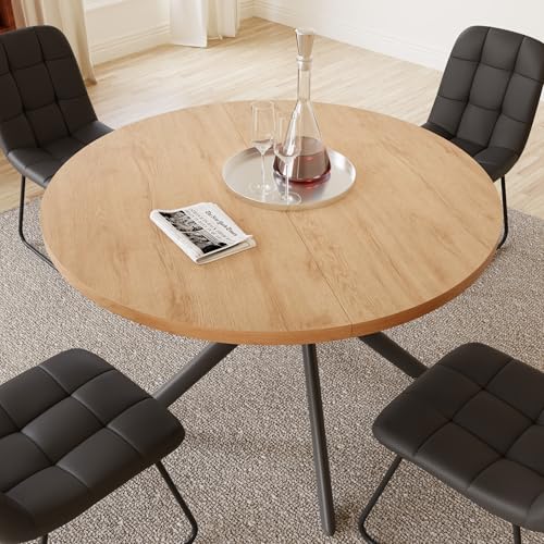 HIPIHOM 45.3 Inch Round Dining Table Set for 4, Mid Century Modern Small Kitchen Coffee Set for Dining Room Kitchen Apartment (Oak Table + 4 U-Shaped Black Chairs) - color: Oak Table+4 U-shaped Black Chairs