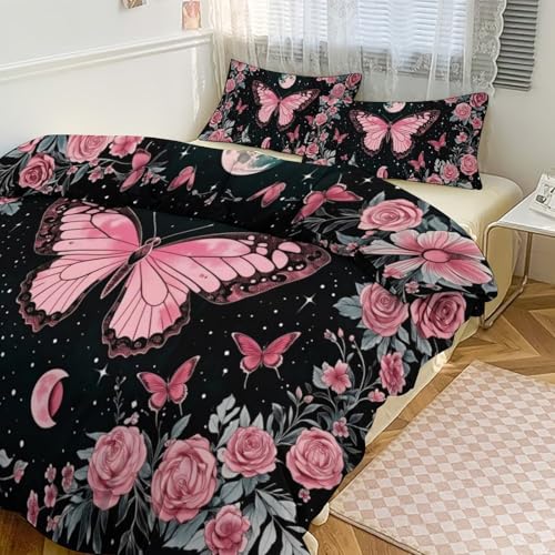 Boho Pink Butterfly Moon & Roses 3 Piece Reversible Bedding Set 90"x90",Double Sided Brushed Microfiber Duvet Cover Set with 2 Pillowcases Soft Breathable Comforter Cover for Home - color: Boho Pink Butterfly Moon & Roses, size: 90"x90"