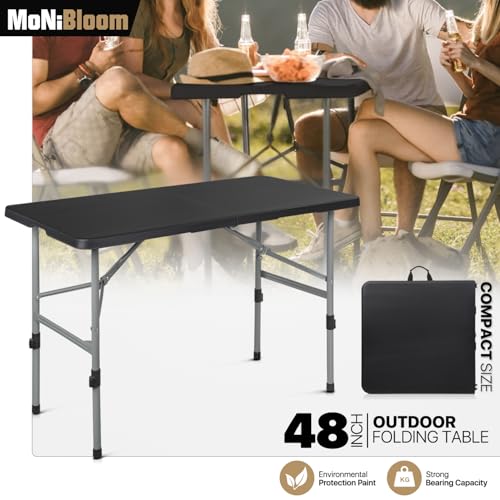 4Ft Folding Card Table, Picnic Cookout Table with Handle, Black | Outdoor, Foldable, Small Portable Plastic, Dining Picnic Cookout, w/Handle