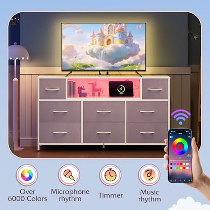 WLIVE LED Dresser TV Stand for 55 Inch TV, 8 Drawers, Purple | Fits TVs up to 55 inch, 8 fabric drawers, LED chest of drawers, Built-in power outlet, Living room or bedroom - color: Purple