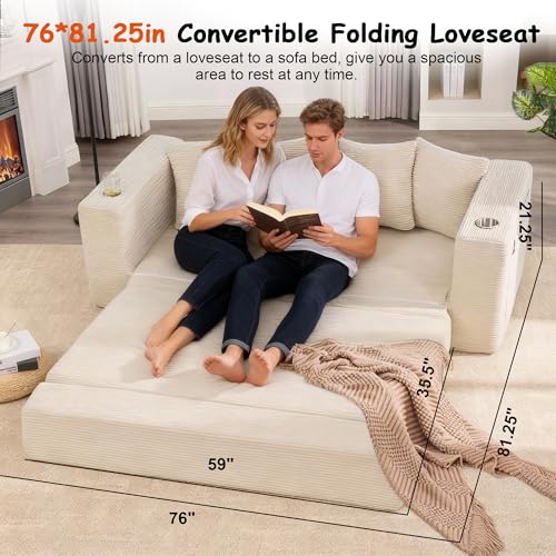 76" Convertible Sofa Bed, Corduroy Boneless Couch with Cup Holders & Pocket | 2-in-1 Sleeper Sofa, Pull-out Couch Bed with 5 Pillows, Living Room, Small Spaces, Bedroom, No Assembly - color: 76" Beige