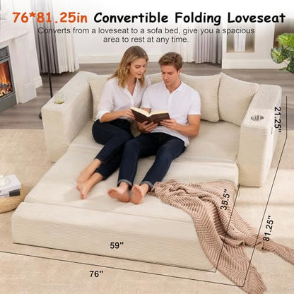 76" Convertible Sofa Bed, Corduroy Boneless Couch with Cup Holders & Pocket | 2-in-1 Sleeper Sofa, Pull-out Couch Bed with 5 Pillows, Living Room, Small Spaces, Bedroom, No Assembly - color: 76" Beige