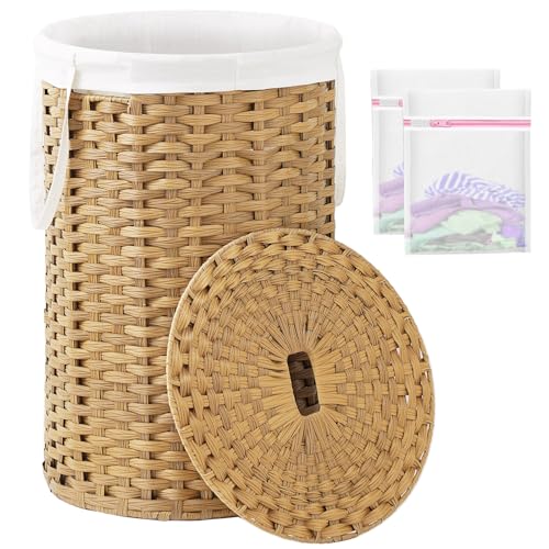 SETVSON Large Laundry Hamper Laundry Basket Round 34.3 Gal PE, Natural | 130L Jumbo Family PE Rattan Hamper, Removable Washable Liner Bag with Handles, 2 Mesh Wash Bags, Steel Frame, Foldable - color: Natural, size: 130 L