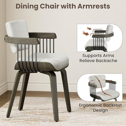 Dining Chairs with Armrest, Set of 2, Mid-Century Modern Kitchen Chair | with Wood Legs, Upholstered Fabric for Dining Room, Kitchen, Restaurant, Cafe, Beige - color: Beige