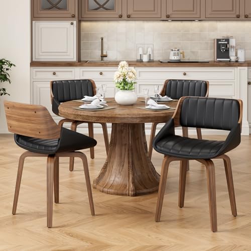 REONEY 360° Swivel Dining Chairs Set of 2, Mid-Century Modern Kitchen Chair | with Walnut Bentwood Back and Legs, Upholstered PU Leather for Dining Room, Kitchen, Restaurant, Cafe, Black - color: Black Vertical Stripes